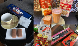 A collage of tea and snacks gifts sent to participants
